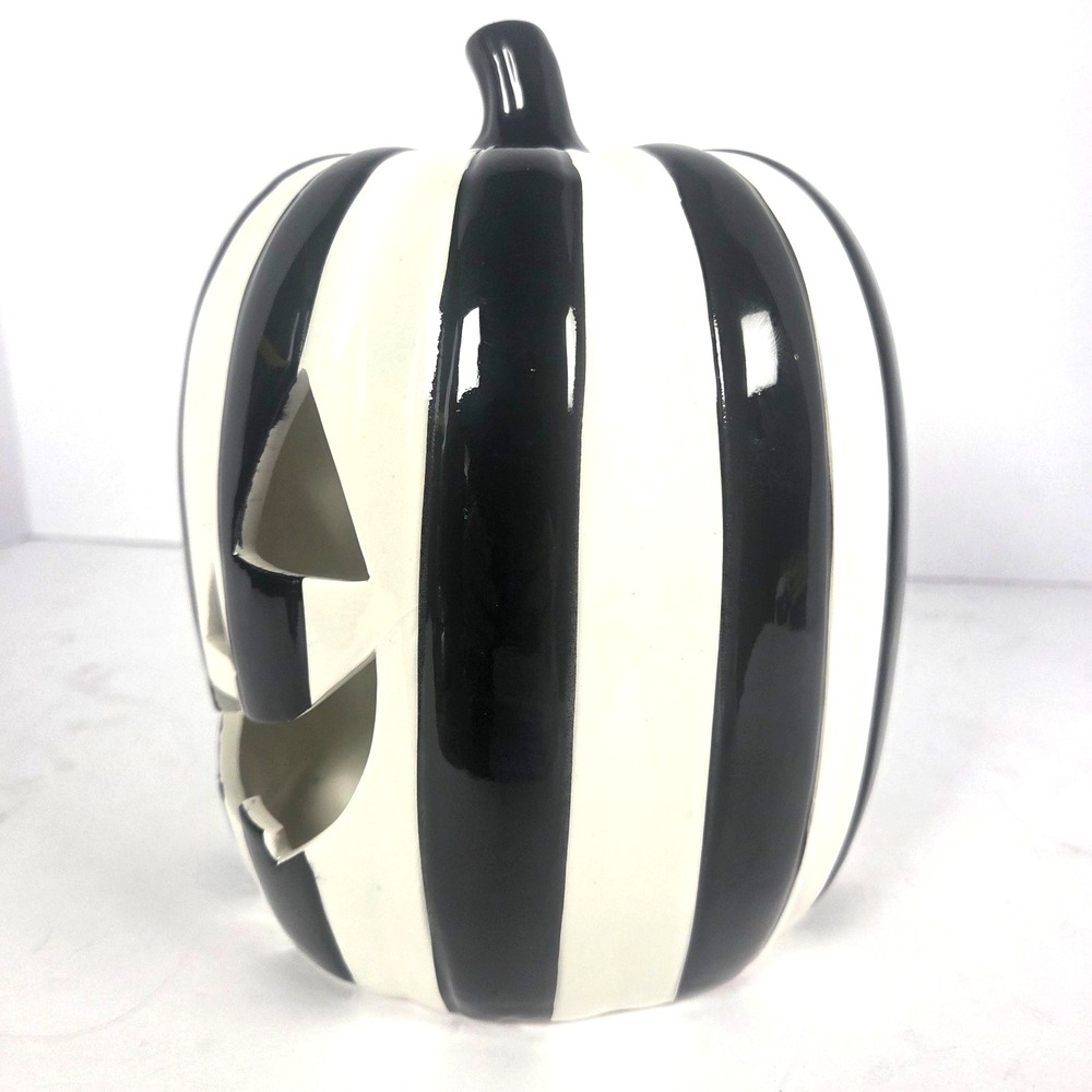 Jack O Lantern Lane Light Up Pumpkin 8.5 Inch Black White Striped Halloween - Picture 4 of 7